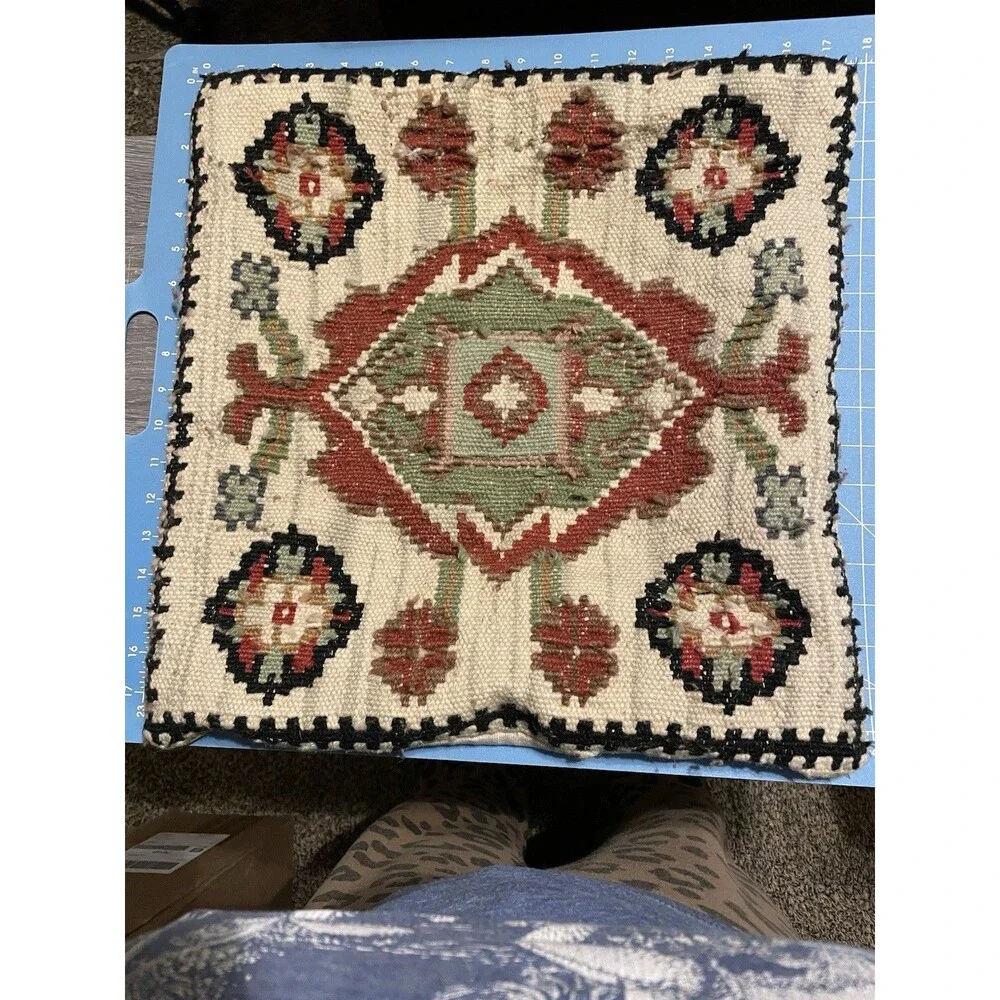 Vintage Kilim Pillow Cushion Cover Square 100% Wool Jute Home Décor Pillows 17”